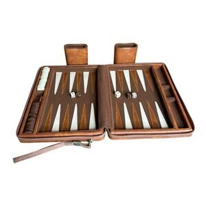 Vintage SKOR-MOR 70s Backgammon Game in Brown Zip Around Travel Case 7" x 9"